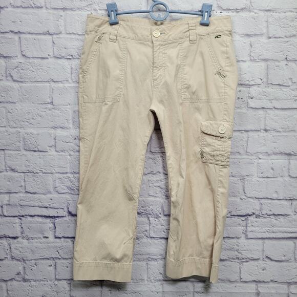 Oneill Capri Cargo Pants Womens 11 Beige Khaki Split Hem Boho Minimalist Coastal - Picture 1 of 10